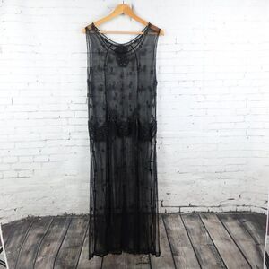 STERLING STYLES VINTAGE BLACK SLEEVELESS SHEER BEADED OVERLAY SHIFT DRESS SIZE L